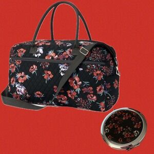 Woman Within Quilted Travel Bag and Matching Compact Mirror Set Black Red Floral